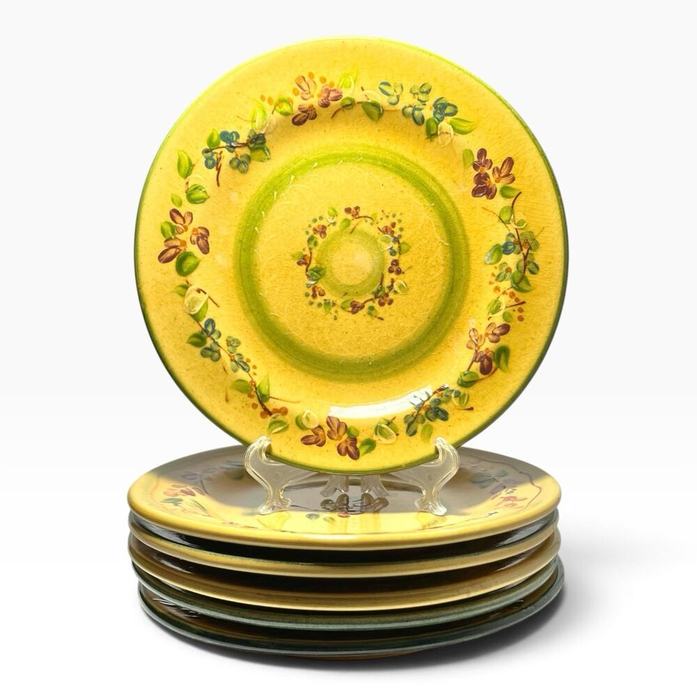 Terre e Provence Set of 6 Ceramic Yellow & Green Salad Plates 9” France